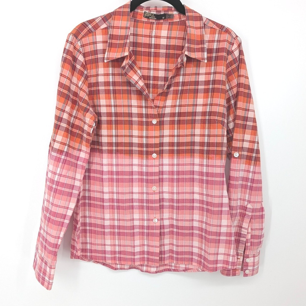 Prana Button Down Top Women Medium Orange Pink Ombre Organic Plaid Outdoor Shirt
